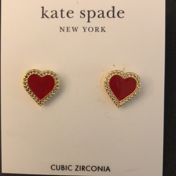 Kate Spade Gold Tone Take Heart Red Enamel & Clear CZ Heart Stud Earrings NWT - Picture 6 of 14